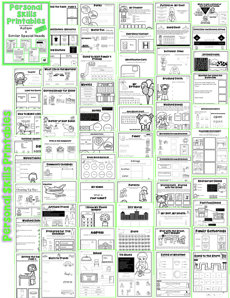 Personal Life Skills Printables for Students with Autism & Similar Special Needs